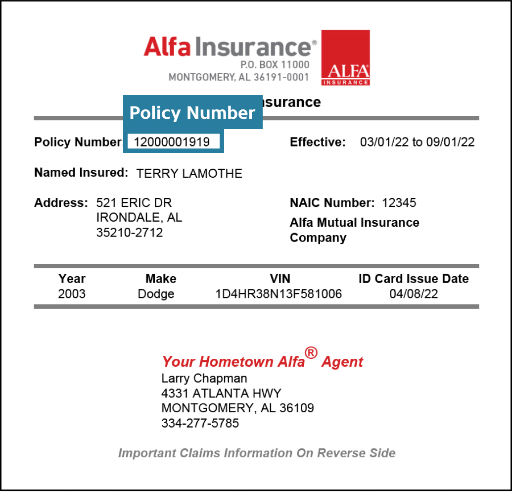 Sample Auto ID Card | Alfa Insurance