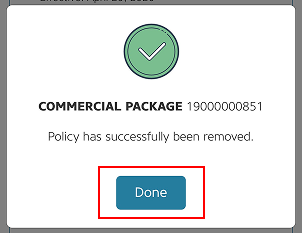 Alfa Insurance remove policy success menu with the Done button highlighted. 