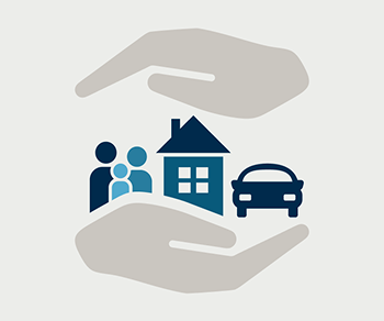 Graphic of two hands protecting family, house, and car icons representing bundling multiple insurance policies.
