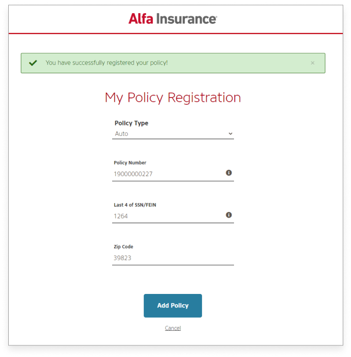 Screenshot of the registration screen with a confirmation banner.