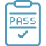 Icon of a clipboard with pass and a checkmark on it.