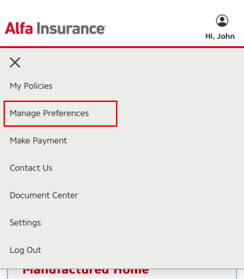 Alfa Insurance dropdown menu with Mange Preferences highlighted by a red box.
