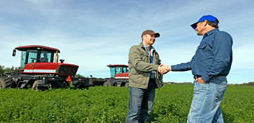 Two men shaking hands in a field on a farm.