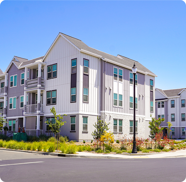 View of apartments from the street.