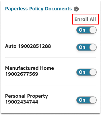 Alfa Insurance Paperless Policy Documents menu with the Enroll All toggle highlighted by a red box.