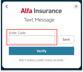 Alfa Insurance sign in popup with the "Enter Code" text box highlighted by a red box.