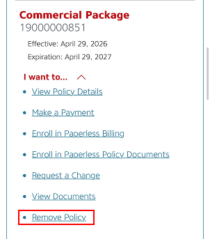 Alfa Insurance dropdown menu selecting the remove policy link.