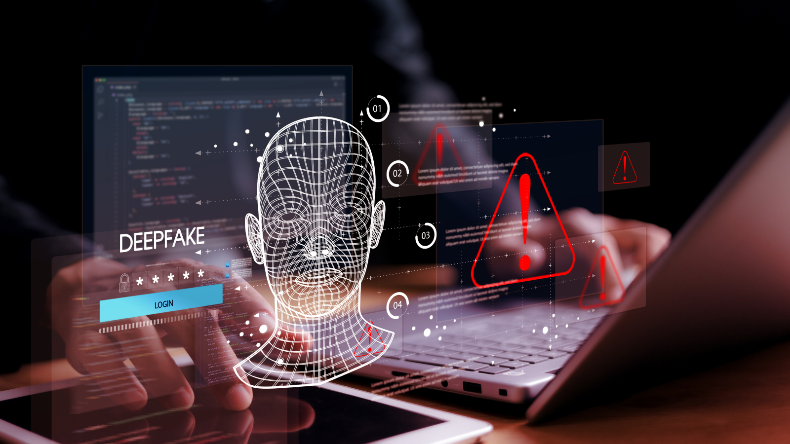 Hands using a laptop and tablet with a digital face scan, deepfake label, login screen, and security warning icons.