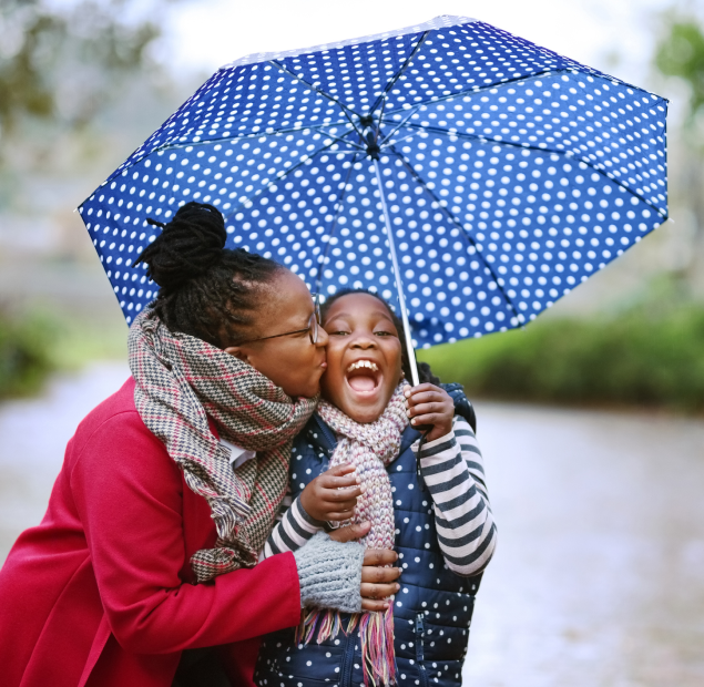mom and daughter holding umbrella