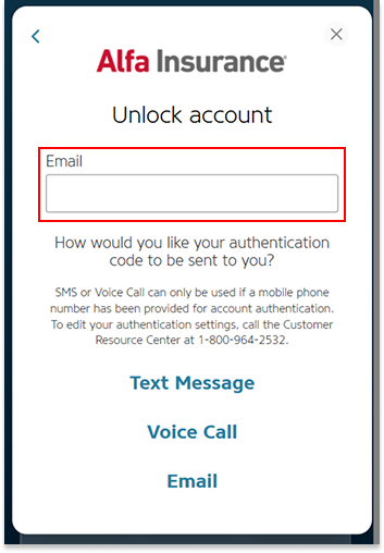 Alfa Insurance sign in popup with the "Email" text box highlighted by a red box.