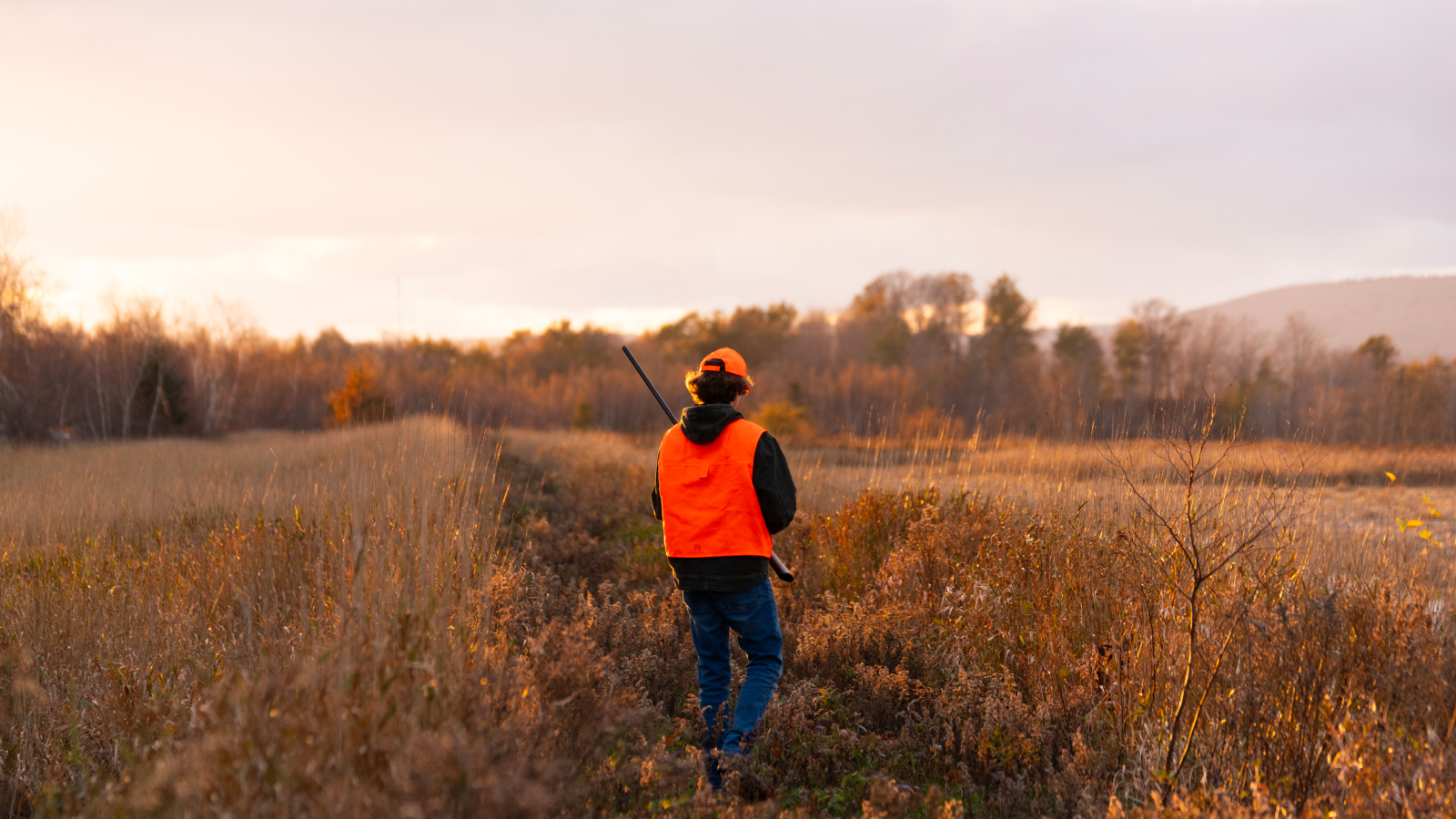 A young hunter dressed in orange walks across an open field at dawn.