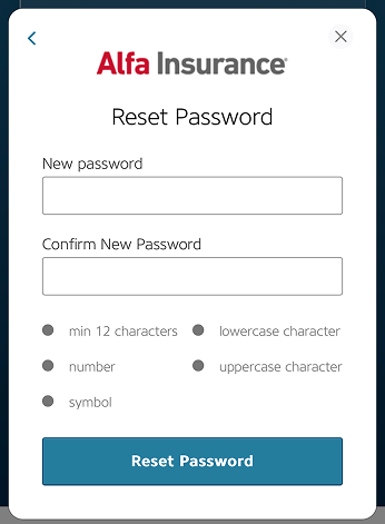Alfa Insurance reset password options.