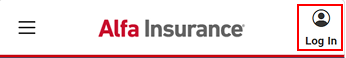 Alfa Insurance sign in popup with the Log In button highlighted by a red box.