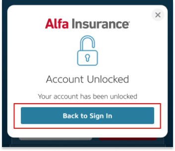 Alfa Insurance sign in popup with the "Back to Sign In" button highlighted by a red box.