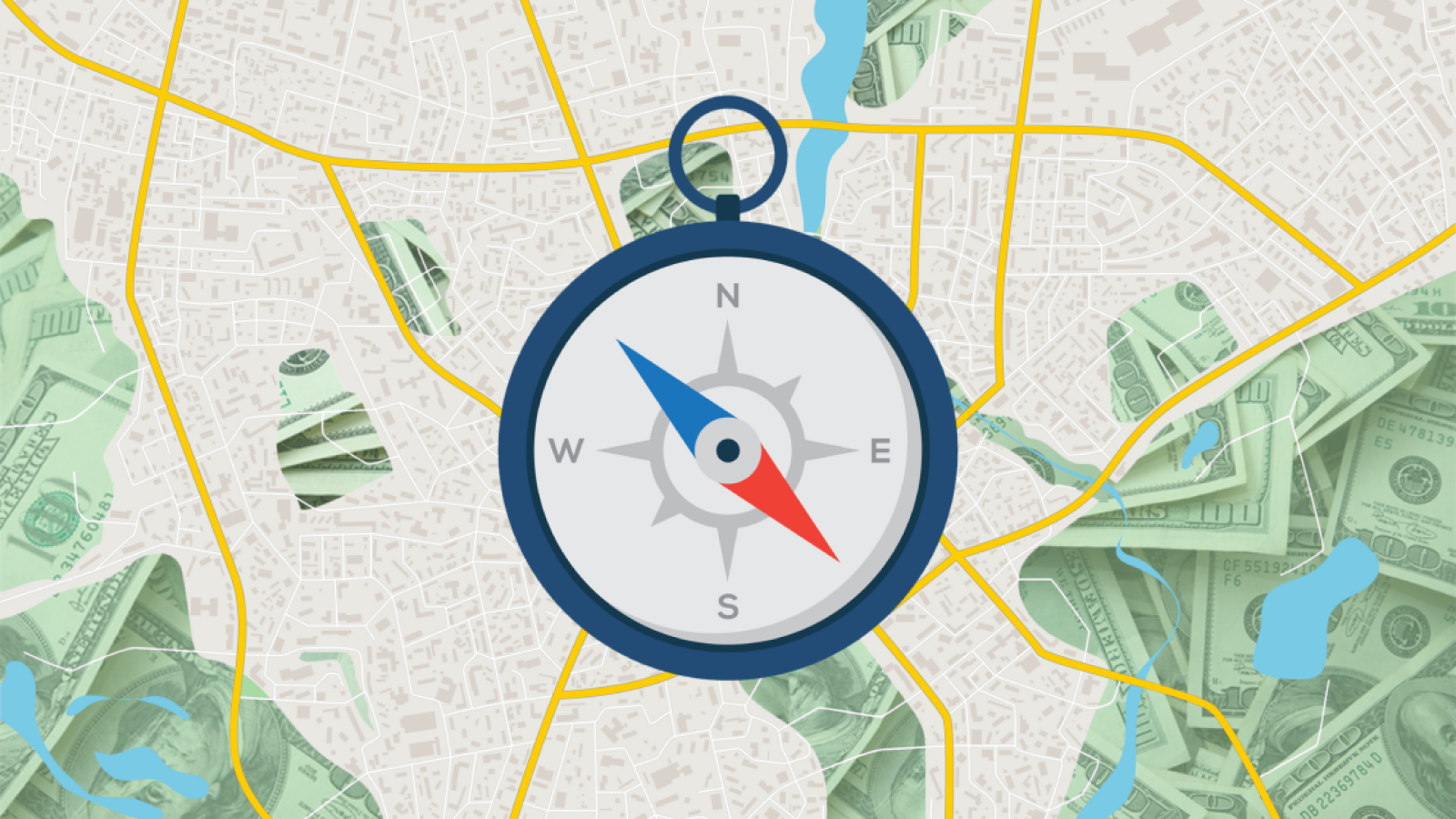Compass graphic with background of aerial map with dollar bills