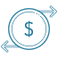 Icon of a coin with a dollar sign and arrows pointing left and right.