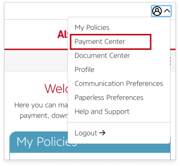 Alfa account menu highlighting the payment center button