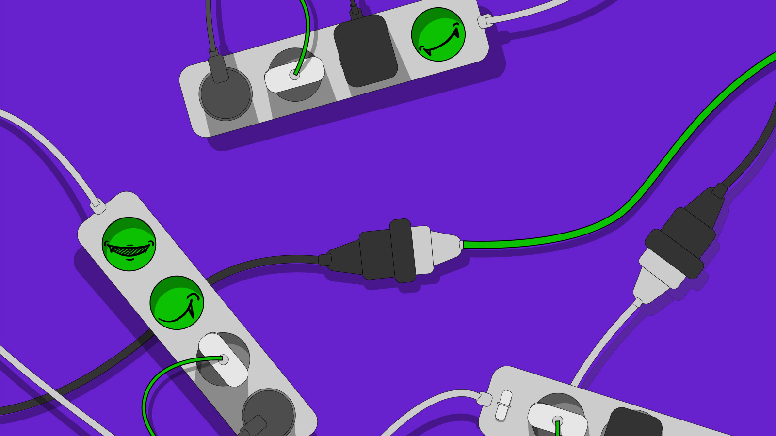 A picture of many multi-outlet extension cords.