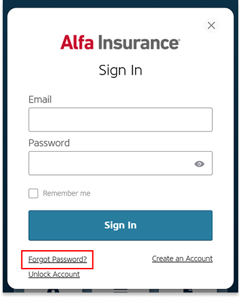 Alfa Insurance log in pop up with "Forgot Password?" highlighted by a red box.