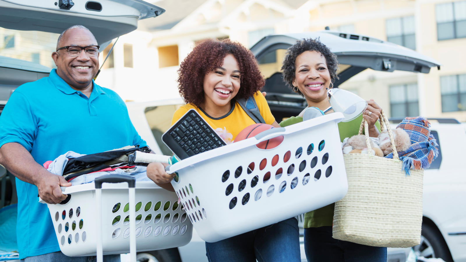 Family moving their daughter into a college residence hall.