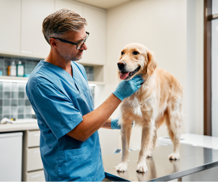 Veterinarian examining a dog on a metal exam table.