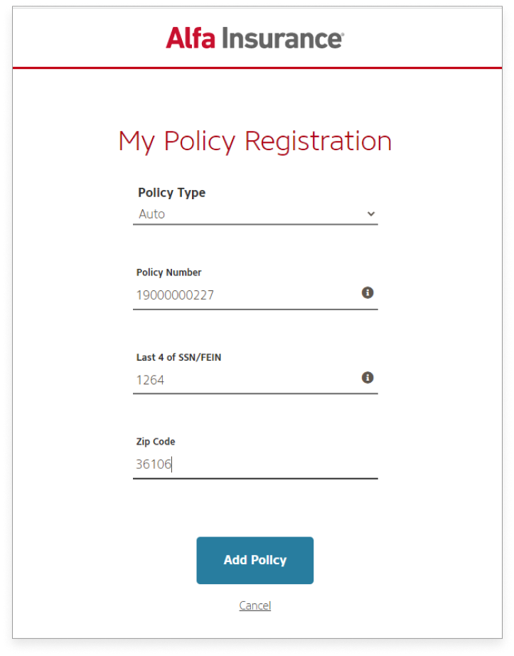 Screenshot of the policy registration screen.