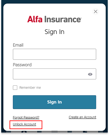 Alfa Insurance sign in popup with the "Unlock Account" text highlighted by a red box.