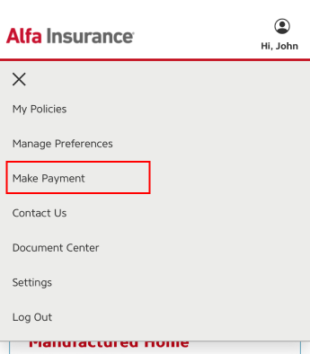 Alfa Insurance account drop down menu with Make Payment highlighted by a red box.