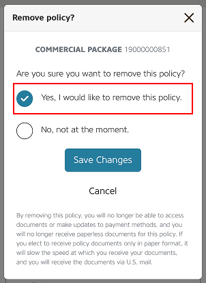Alfa Insurance dropdown menu with the words Yes, I would like to remove this policy. are highlighted.
