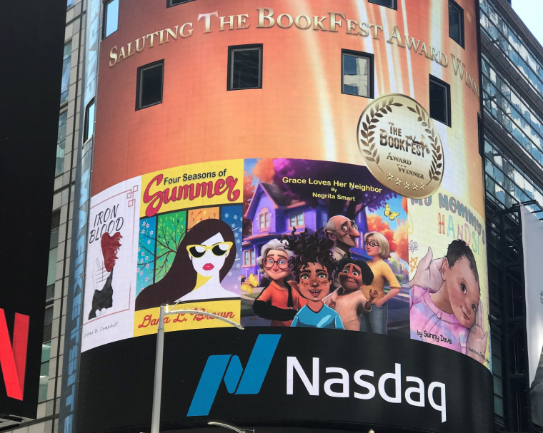 Grace Loves Her Neighbor, written by Negrita Smart, featured on the Nasdaq display for the 2024 Book Fest Awards in New York City’s Times Square.