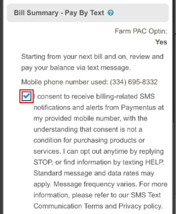 Alfa Insurance bill summary with the consent form box highlighted by a red box.