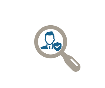A magnifying glass with an icon of a man in a suit and a shield with a checkmark inside of it.