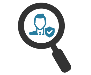 Icon of a magnifying glass with a man and shield in it.