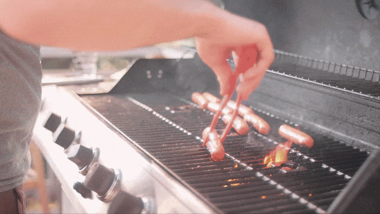 GIF clips of flipping hotdogs on grill, family picnic, diving into pool, and father and son spinning.