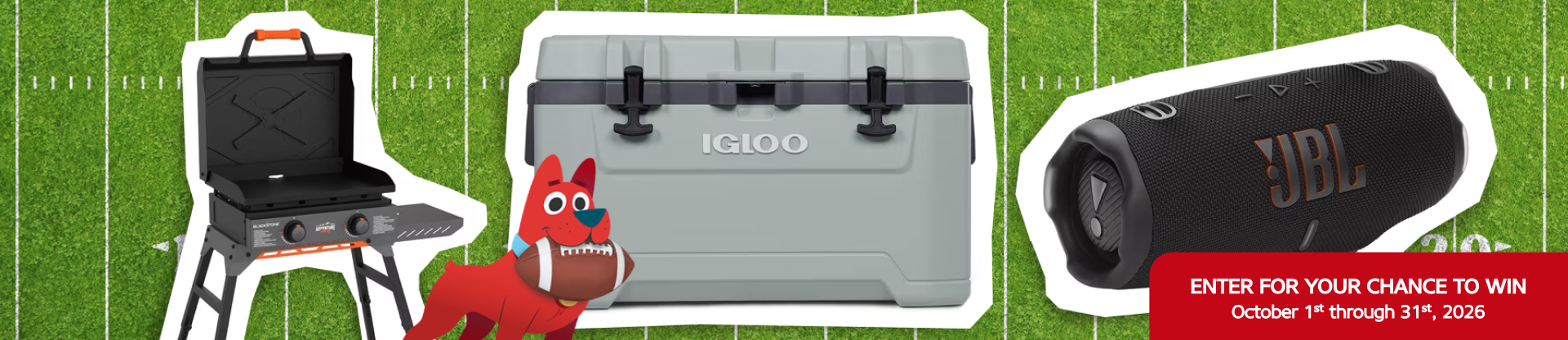 Giveaway promo with a grill, speaker, and cooler.