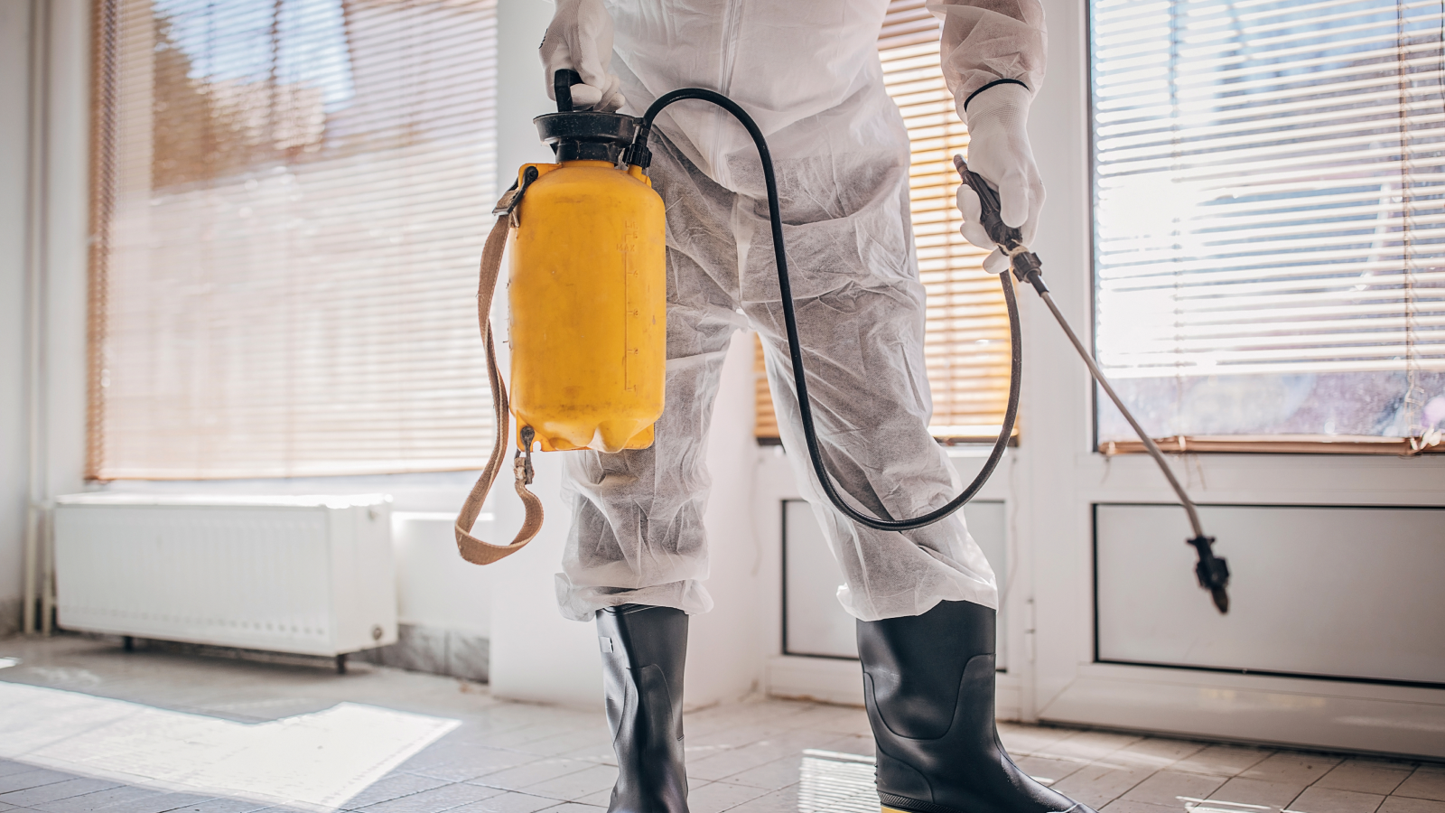 A pest control technician wearing protective gear sprays pesticide inside a home with a handheld sprayer, illustrating a common homeowners insurance exclusion related to pest damage and infestations.
