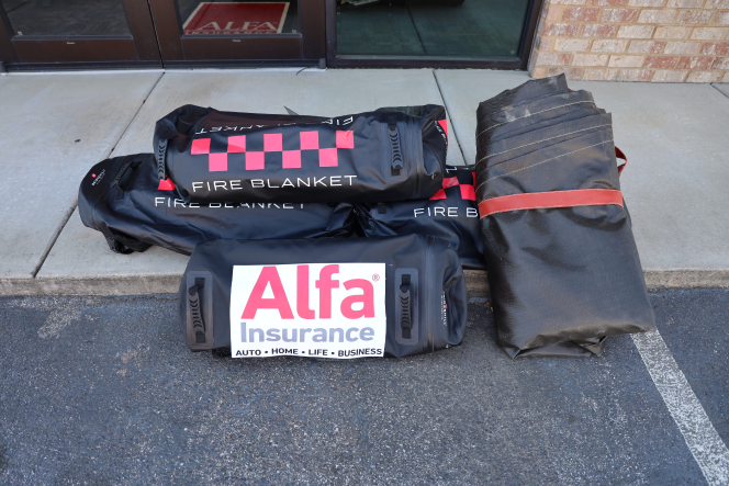 Fire blankets pictured with Alfa Insurance logo.