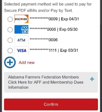 Alfa Insurance payment method options menu.